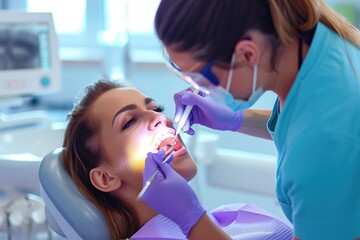 Dentist working at patients teeth in dental medical clinic - obrazy, fototapety, plakaty