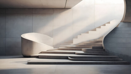 Abstract 3D staircases with sleek concrete steps in a serene design.
