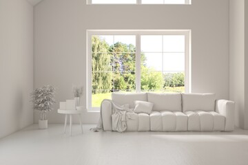 Contemporary classic white interior with furniture and decor and summer landscape in window. Scandinavian interior design. 3D illustration