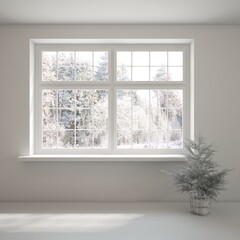 White empty living room with christmas tree in grey color and winter landscape in window. Scandinavian interior design. 3D illustration