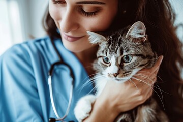 Young female vet holding cat in vet clinic