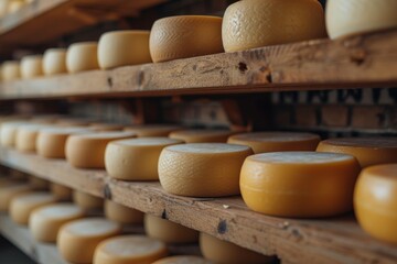 A rustic wooden shelf holds a variety of mouth-watering round cheeses, including tangy parmigianoreggiano, creamy toma, and savory provolone, evoking feelings of indulgence and comfort in this indoor - obrazy, fototapety, plakaty
