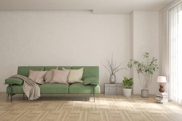 Modern minimalist interior with sofa on empty white color wall background. Interior mockup. Scandinavian interior design. 3D illustration