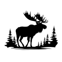 a silhouette of a moose with trees