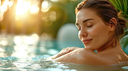 Foto auf Acrylglas Spa A woman relaxes and enjoys an anti-stress bath