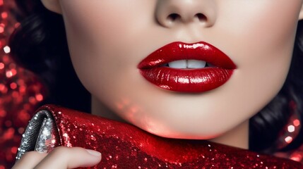 Close up juicy red lips. Generative AI - obrazy, fototapety, plakaty