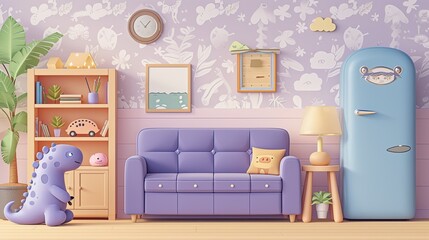 Living room interior, cartoon scene.