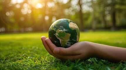 A woman's hands with a miniature of the planet Earth next to fresh green grass.