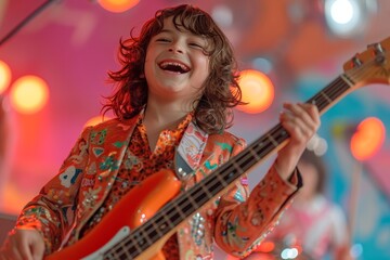 A young musician captivates the audience with their raw talent and soulful voice as they strum their guitar on stage at a lively concert, dressed in trendy clothing and embodying the essence of a tru