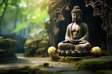 A Buddha statue carved out of stone. Lotus position. In a spiritual calm background. Generative AI