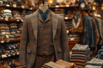 Fototapeta premium Amidst a sea of stylish garments, a personified mannequin stands tall, draped in a sleek coat and scarf, embodying the essence of a high-end retail store