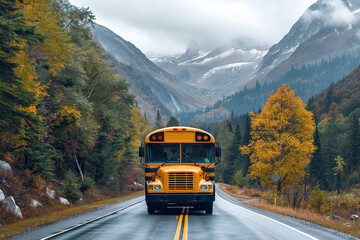 Yellow school bus on serene road - obrazy, fototapety, plakaty