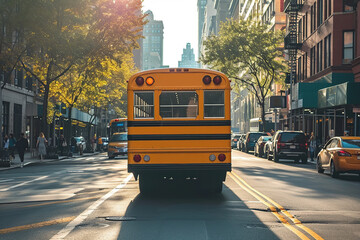 Yellow school bus on serene road in the city
