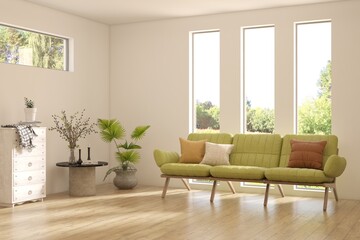 Contemporary classic white interior with furniture and decor and summer landscape in window. Scandinavian interior design. 3D illustration - obrazy, fototapety, plakaty