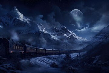 A train traversing through a snow-covered mountain landscape, Midnight train journey through snowy mountains, AI Generated
