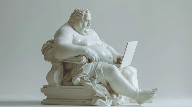 White marble statue representing an obese man sitting with a computer in his hands.