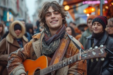 Fototapeta na wymiar A street musician serenades passersby with his guitar, as he exudes a contagious joy and effortless style, dressed in a jacket that perfectly complements the outdoor backdrop