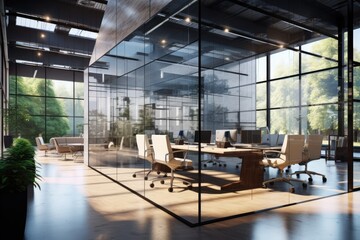 A picture showing a glass walled meeting room with a desk and chairs, Modern corporate office with glass walls, AI Generated