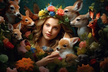 Woman Surrounded by Animals and Flowers, An Imaginative and Whimsical Portrait of Natures Harmony, Mother nature personified surrounded by animals and children as a Mothers Day tribute, AI Generated