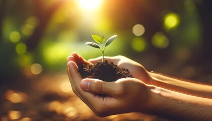 Cupped hands hold a small amount of soil nurturing a young, green seedling, highlighted by a backdrop of soft, dappled sunlight filtering through leaves.

