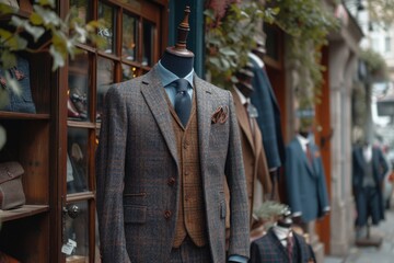 Fototapeta premium A well-dressed mannequin stands proudly outside a clothing store, wearing a stylish suit and coat, showcasing the latest in outdoor fashion