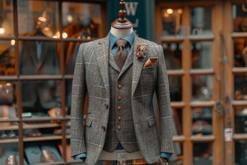 A well-dressed mannequin stands proudly in a clothing store, showcasing a sleek jacket with a stylish collar and button accents, exuding confidence and sophistication in its indoor setting