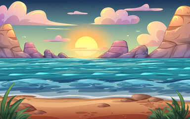 Fototapeta na wymiar landscape with sea and sun illustration, generative Ai