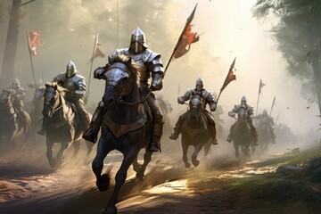 A group of men energetically ride on the backs of powerful horses, enjoying an adventurous outdoor activity, Mounted knights in full armor, rushing towards battle, AI Generated - obrazy, fototapety, plakaty