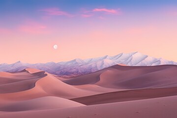 Fototapeta na wymiar Moonrise over Pink-Hued Desert Dunes and Snowy Peaks