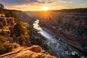 Fototapeta premium Golden Sunrise Over River Canyon Cliffs