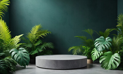 Showcase Your Product, Elegant Display Podium Surrounded by Lush Greenery, Product Presentation, Nature, Luxury