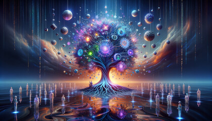 Obraz premium Digital Tree of Security: Surreal, High-Tech Art for Cybersecurity Marketing