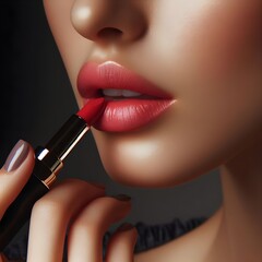 Close-Up Beauty Portrait of a Woman Applying Lipstick With Precise Application