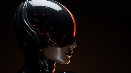 Portrait of the female robot in a black helmet. The person in a profile close up on a black background. New modern technologies. - 727974047