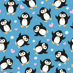 Pattern penguin, hearts, snowballs. Valentine's Day, love. Antarctic animal, polar bird. World Penguin Day. Vector seamless background.