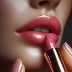 Obraz premium Close-Up Beauty Portrait of a Woman Applying Lipstick With Precise Application