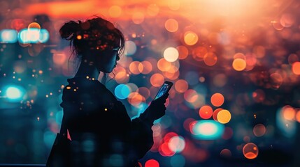 Fototapeta premium person stand and feel happy on use phone the most hight of technology communication, city, building, male, dark, light, business