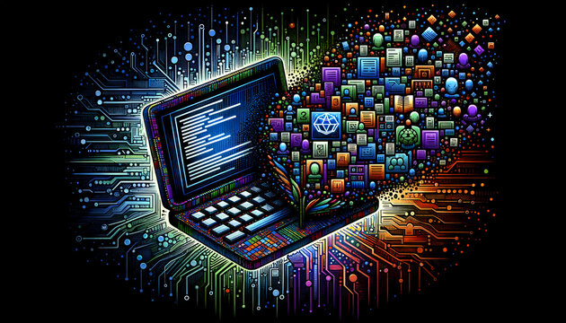Vibrant coding bootcamp emblem disintegrating into colorful pixels