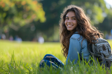 Happy girl with backpack sitting on grass in sunlight