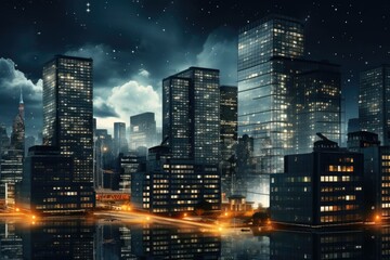 A vibrant city scene at night, showcasing a bustling metropolis with an array of tall buildings,...