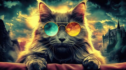 Regal Maine Coon Cat in Retro Sunglasses: Majestic Feline on Velvet Cushion in Lavish Castle...