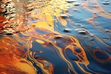 A vibrant close-up image of water displaying brilliant orange and blue colors, Oil slick pattern on water, AI Generated