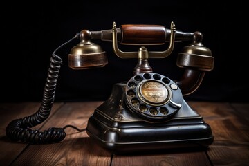 An image of an antique telephone placed on a rustic wooden table, Old-fashioned rotary phone on a rustic wooden table, AI Generated