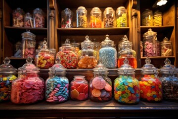 A shelf filled to the brim with a wide variety of candies, offering a delectable sugar rush for all candy lovers, Old-fashioned candy store filled with jars of sweets, AI Generated