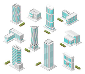 Isometric urban city buildings. Isolated skyscrapers, modern apartment building and private houses. Social and public architecture, flawless vector clipart