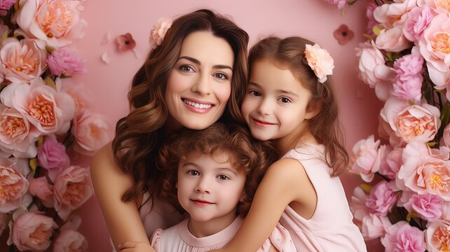 Horizontal photo joyful mother with two daughters amidst floral backdrop. Concept tradition, culture