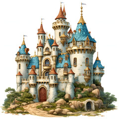 Fairy tale castles and hidden treasures isolated on white background, vintage, png
