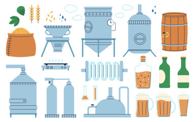 Flat beer elements. Home or industrial brewery equipment. Bottles and various glasses, wood barrel and hops. Craft drink industry, decent vector set