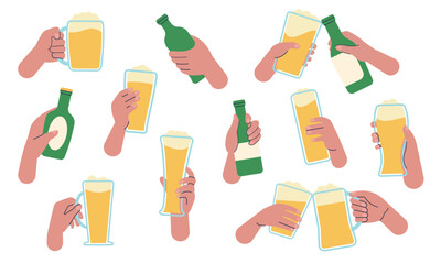 Hands with beer. People drink from different glasses and bottles. Meeting in pub or brewery bar. Weekend party, friends clink glass, decent vector set