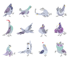 Cartoon pigeon. Isolated doodle dove clipart. Funny pigeons in different poses, sleep, drink coffee and fly. Emotional nowaday vector birds characters